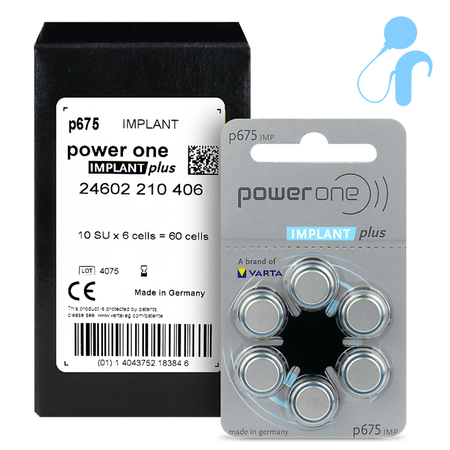 Piles pour appareils auditifs / audio processeurs VARTA 675 Power One IMPLANT PLUS boîte (60 pièces)